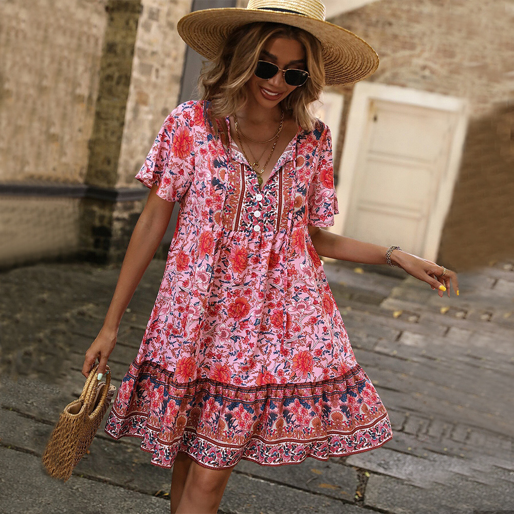 European and American Market Bohemian Floral Print Dress — V Neck, Loose Fit, Casual Style — Vacation Wear — Wholesale Supply