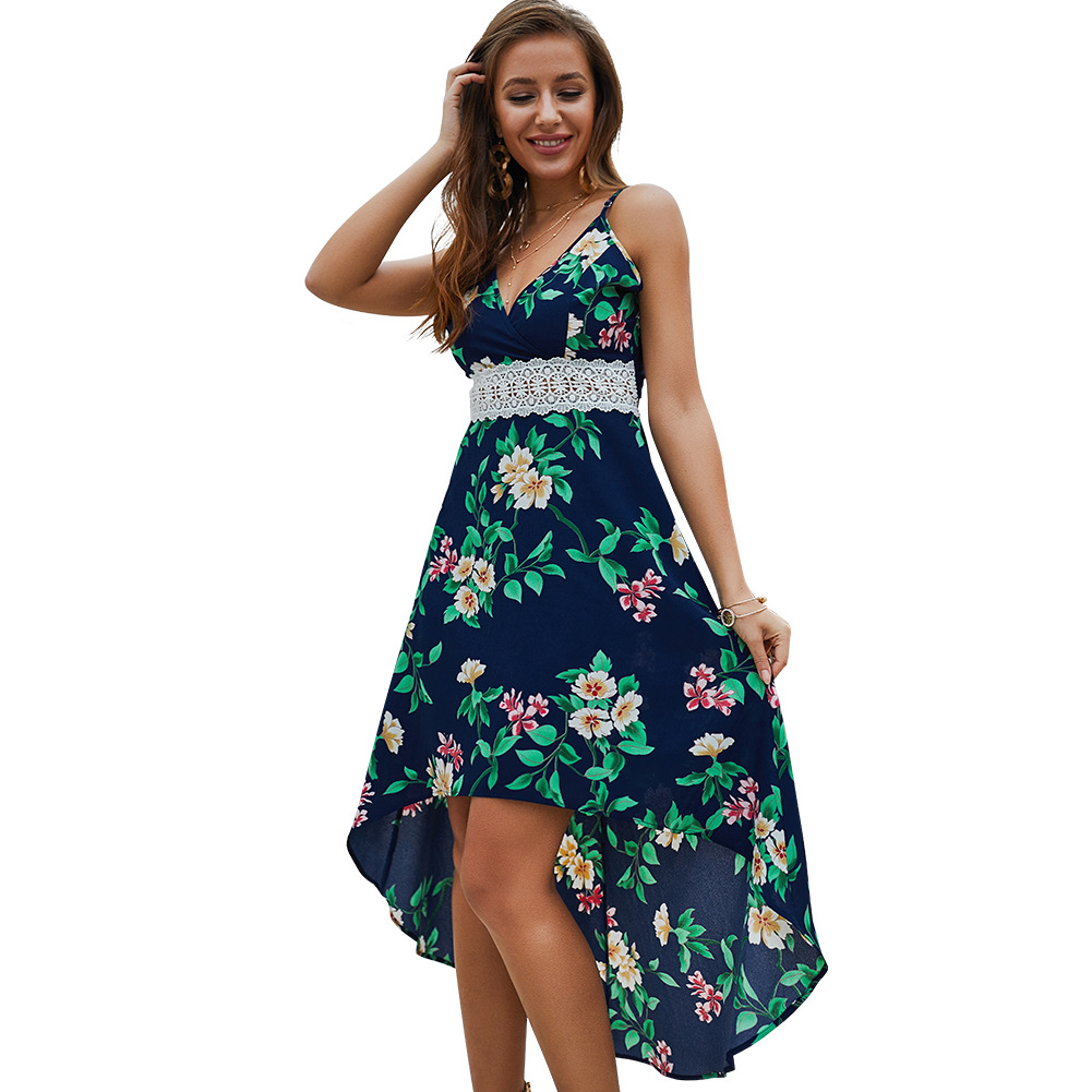 Fashionable Womens Dress Original Design Floral Print Asymmetrical Hem Casual or Party Wear Wholesale Available