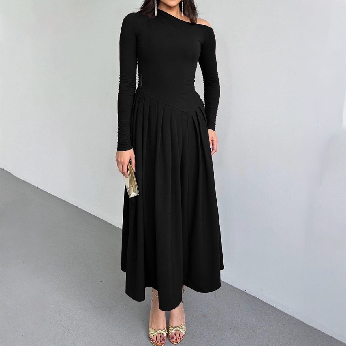 Elegant High Waist Long Sleeve Long Dress for Women Autumn Winter