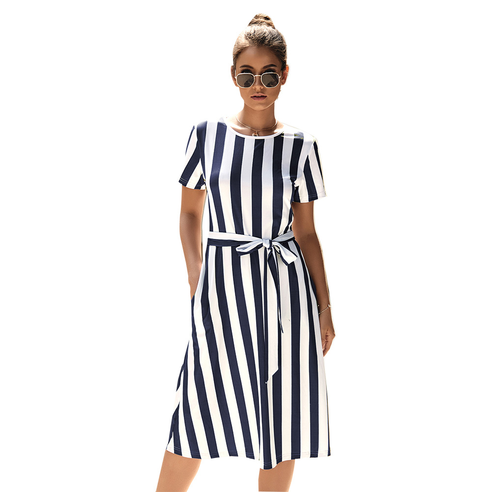 Striped Dress Short Sleeve Tie Detail Summer Style Perfect for Casual Outings Wholesale Available