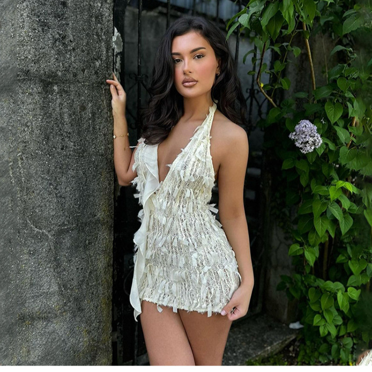 Sexy Backless V Neck Bodycon Dress with Halter Tie for Women, New Autumn Collection, Trendy European and American Style Fashio