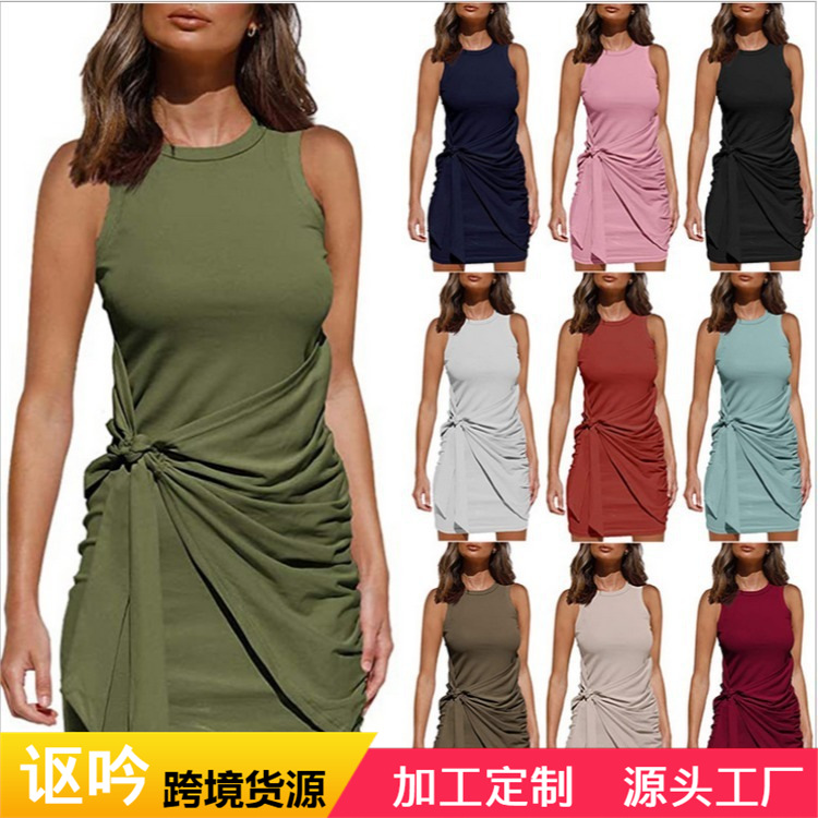 Summer Womens Dress Sleeveless Round Neck Ruched Asymmetrical Design Casual Wear Wholesale Available