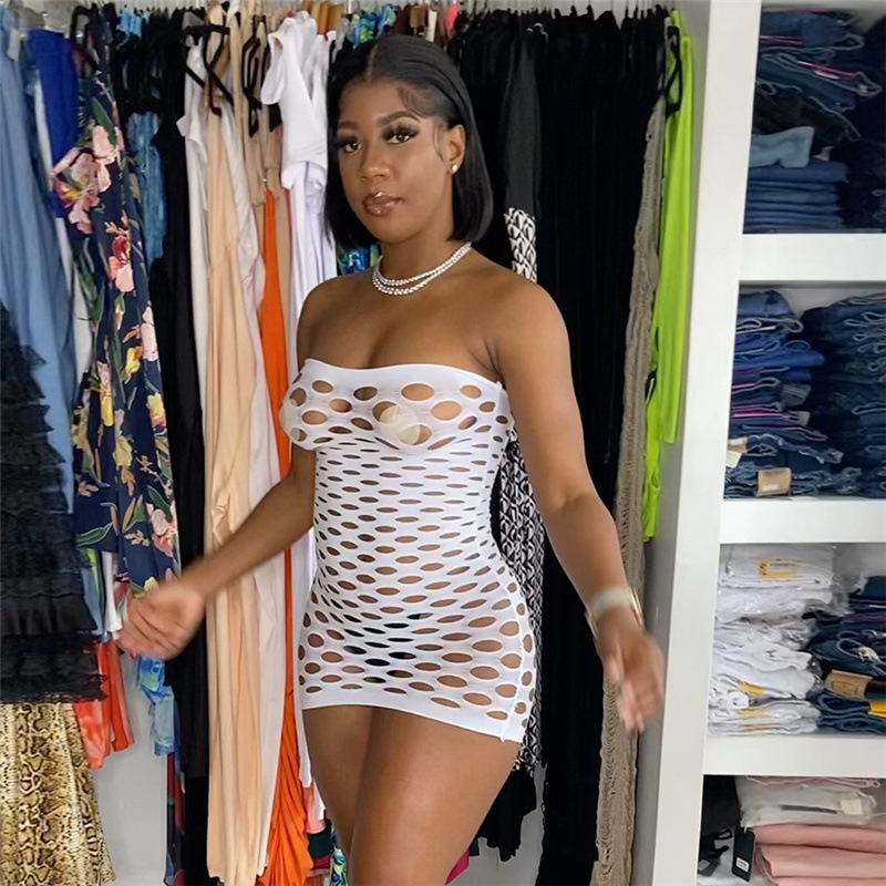 European and American Style Spring Women's New Nightclub Sexy Hollowed out Strapless Slim Fit Bodycon Dress