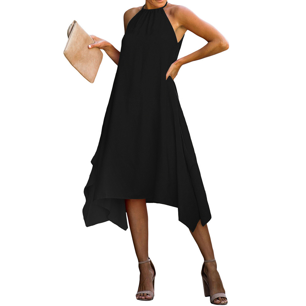 Knee Length Sleeveless Dress for Women European Style Solid Color High Neck Loose Fit Asymmetrical Hem Wholesale