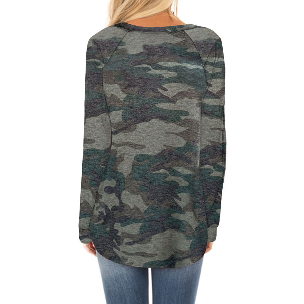 Camouflage Print Long Sleeve T Shirt for Women Regular Fit Round Neck Knit Fabric Autumn Casual Wear Wholesale
