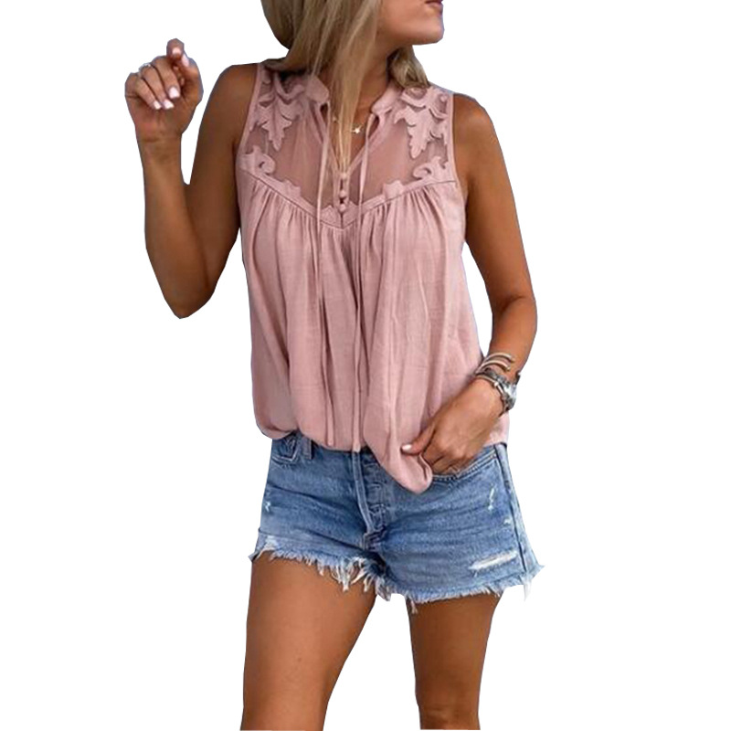 Womens Sleeveless V Neck T Shirt Color Block Design Embroidered Details Casual Style Wholesale Available