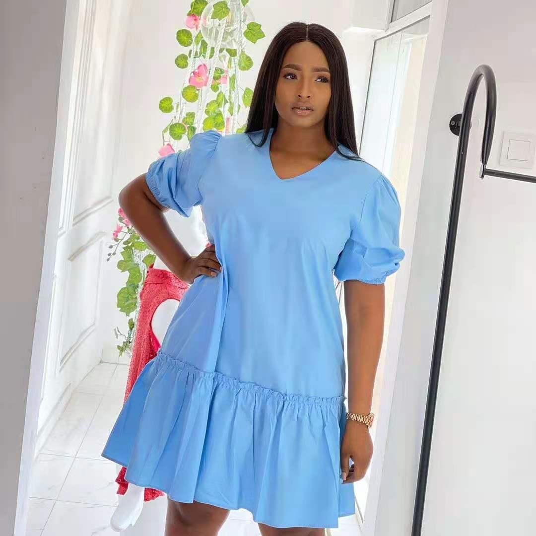 Summer Womens Dress Solid Color V Neck Ruffle Short Sleeves Casual Wear for Parties or Outings Wholesale Available