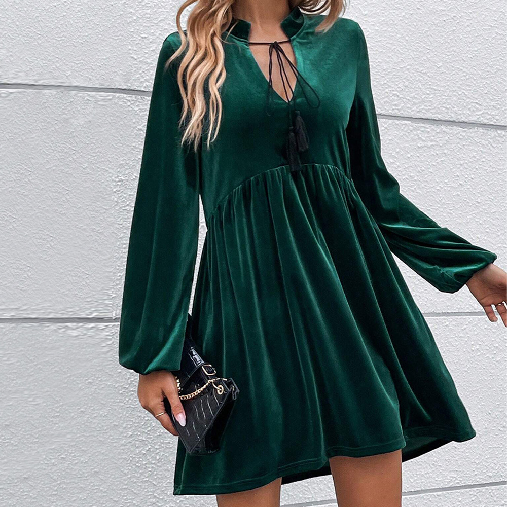 Autumn and Winter New Waist Opening Large Skirt Bubble Sleeve Z Era Long Sleeve Velvet Dress