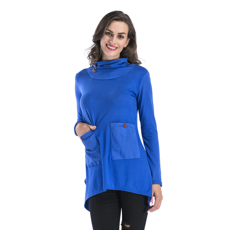 Womens Long Sleeve Pocket T Shirt Solid Color Irregular Hem Mid Length Casual Wear for Spring Wholesale Available