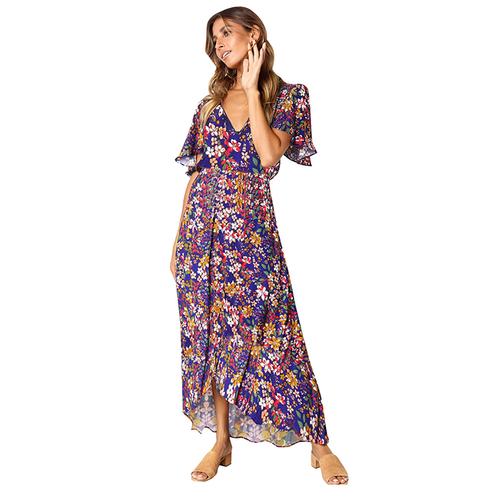Fashionable Womens Maxi Dress Short Sleeve V Neck Floral Print High Waist Perfect for Summer Events Wholesale