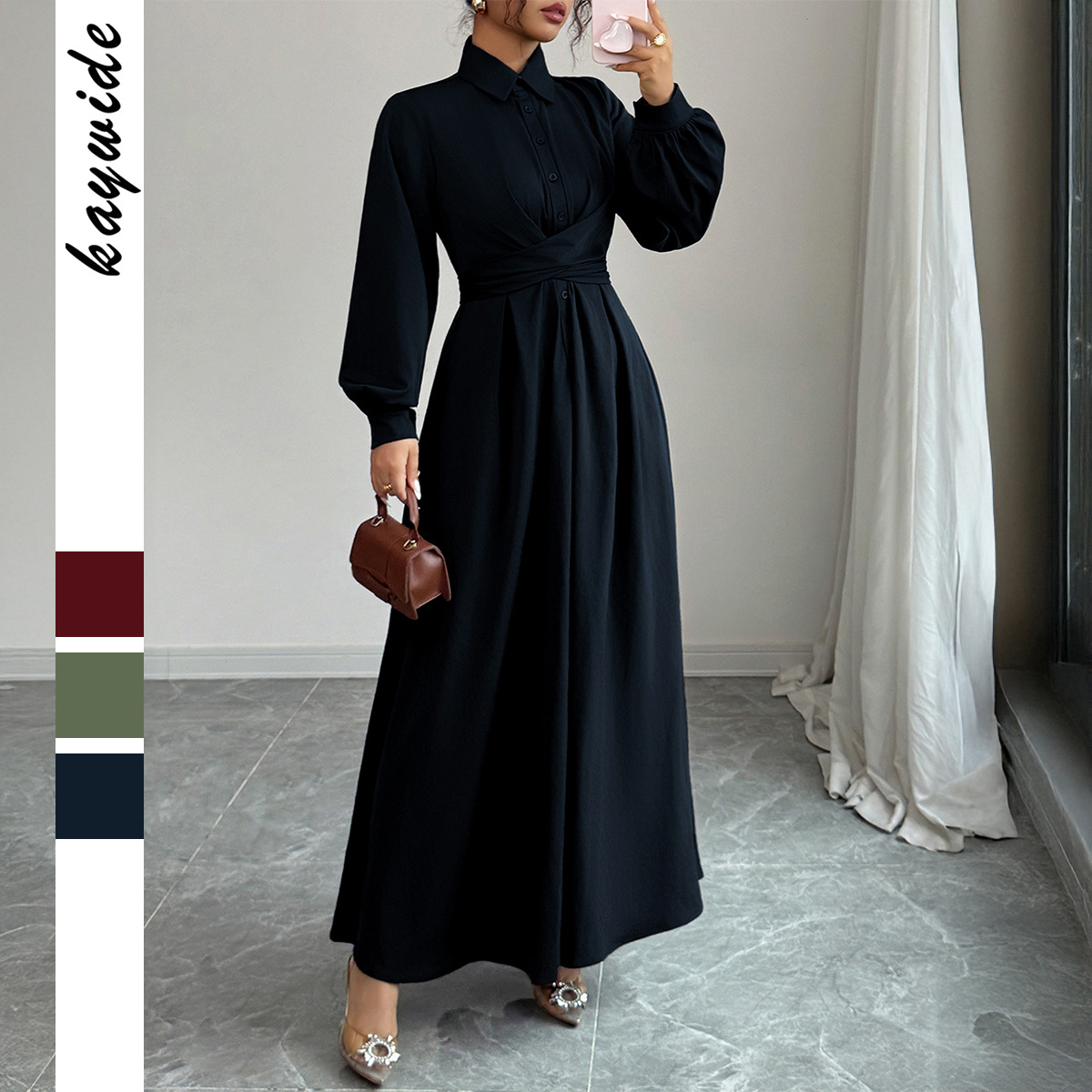 European and American Simple Elegant High end Long Sleeve Long Dress Women Autumn and Winter