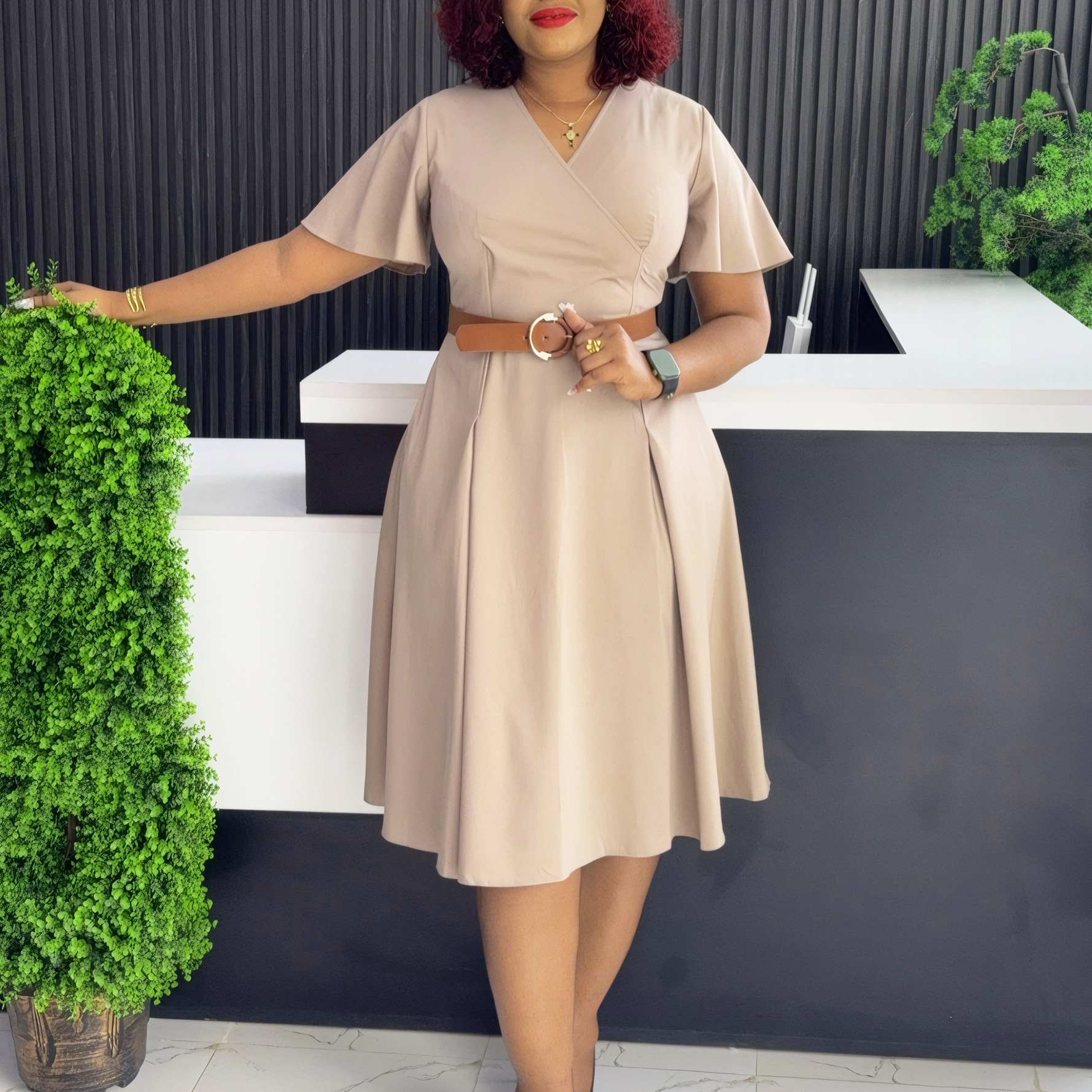 Summer New Women's V Neck Flare Sleeve Casual A Line Dress for Cross Border Fashion in Europe and America, African Style Dress