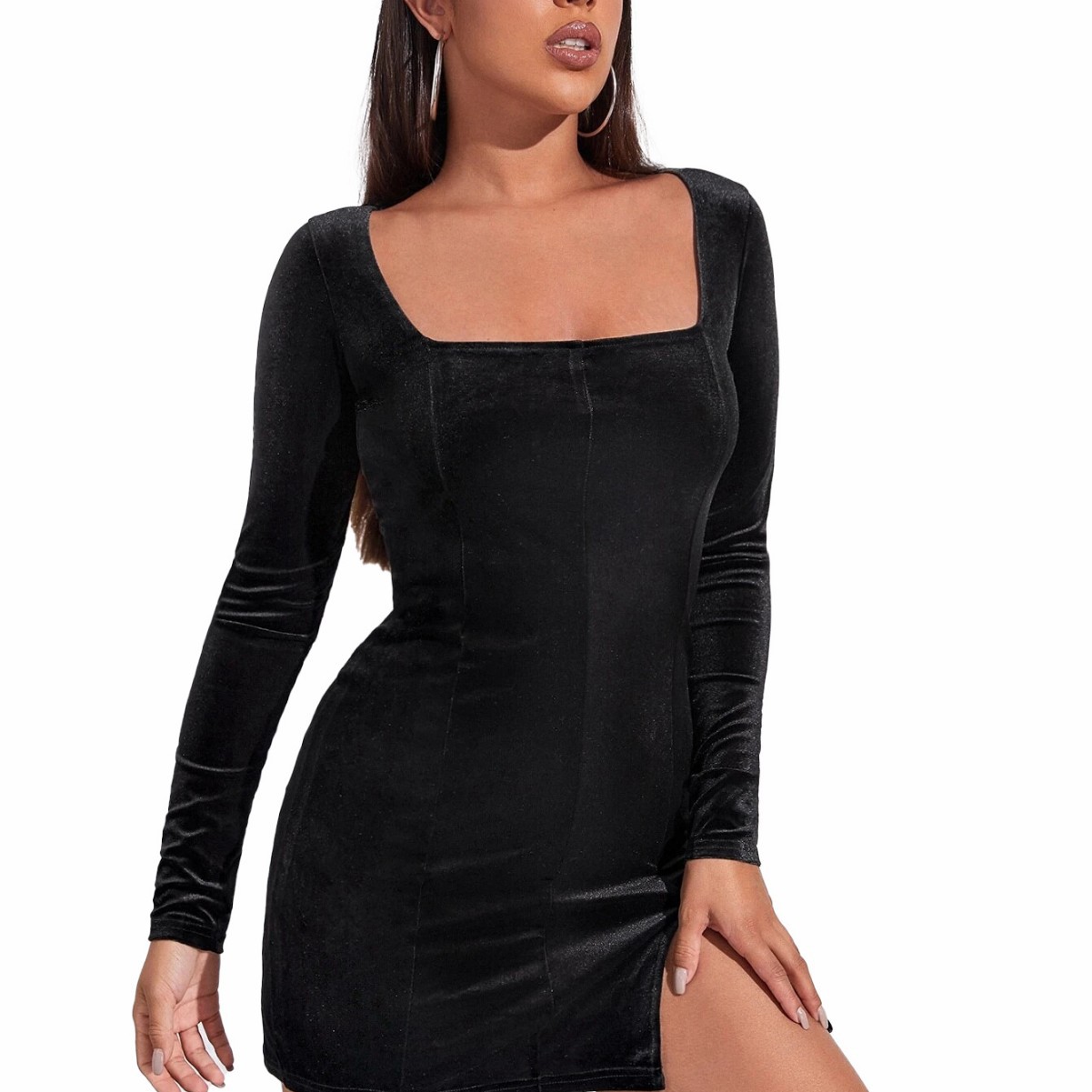 New European and American Style Sexy Split Square Neck Elegant Bodycon Velvet Long Sleeve French Dress