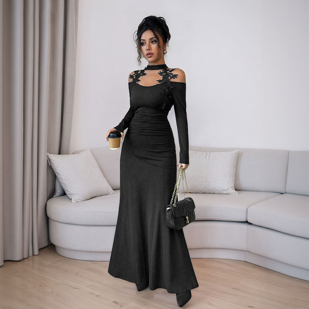 Black Lace Bodycon Dress Long Sleeve Slim Fit Elegant Design Autumn Winter Fashion for Parties Wholesale Available