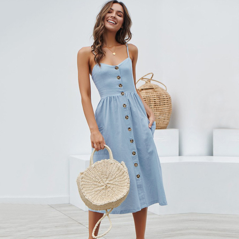 Sunflower Pineapple Print Button Back Sexy Slip Dress 36 Colors 6 Sizes Lightweight Fabric Summer Casual Wear