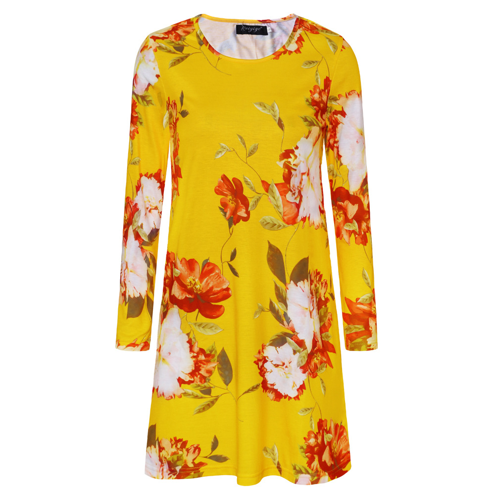 Womens Floral Print Long Sleeve Dress Round Neck Short Skirt Autumn Winter Fashion Wholesale Available