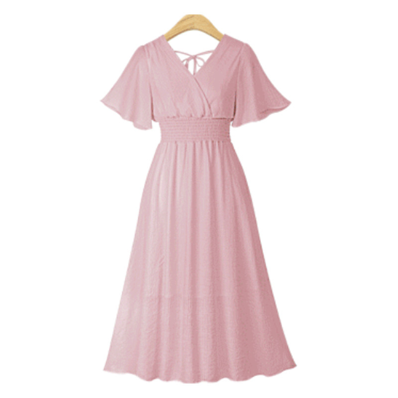 Chiffon Floral Print Dress V Neck Flared Sleeves Slim Fit Summer Casual Wear Wholesale Available