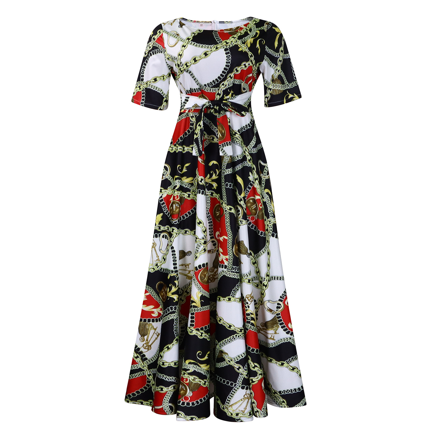 Fashionable Plus Size Short Sleeve A Line Dress with Tie for Women, Trendy African Style, Perfect for Cross Border Trade