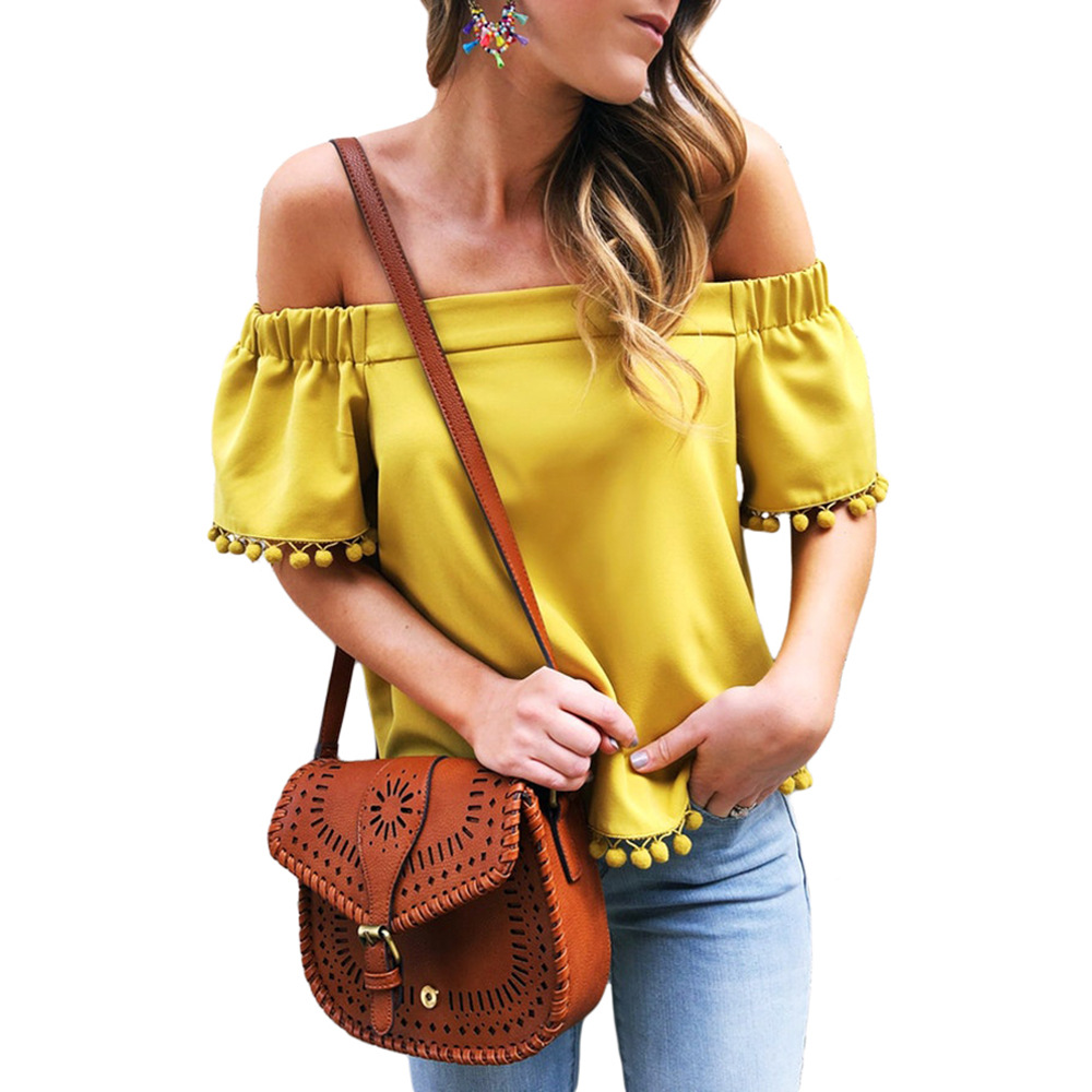 Womens Summer Top Short Sleeve Off Shoulder Fringe Detail Solid Color Casual Wear Wholesale Available