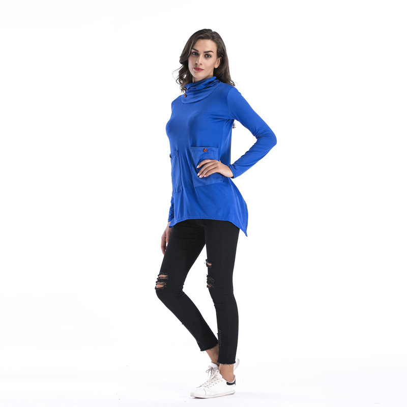 Womens Long Sleeve Pocket T Shirt Solid Color Irregular Hem Mid Length Casual Wear for Spring Wholesale Available