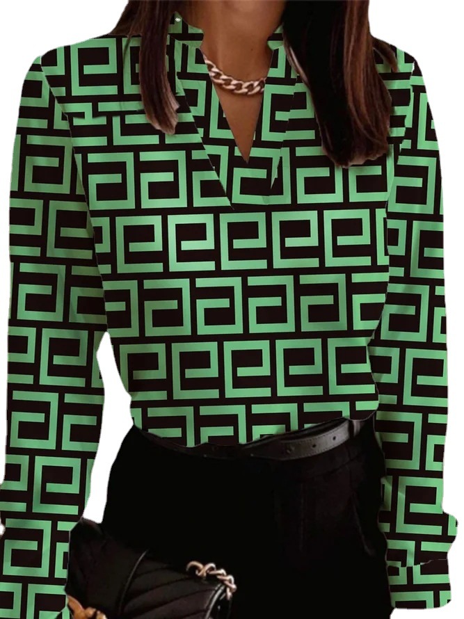 V Neck Geometric Print Long Sleeve T Shirt Womens Fashion Casual Style Comfortable Fabric Wholesale Available