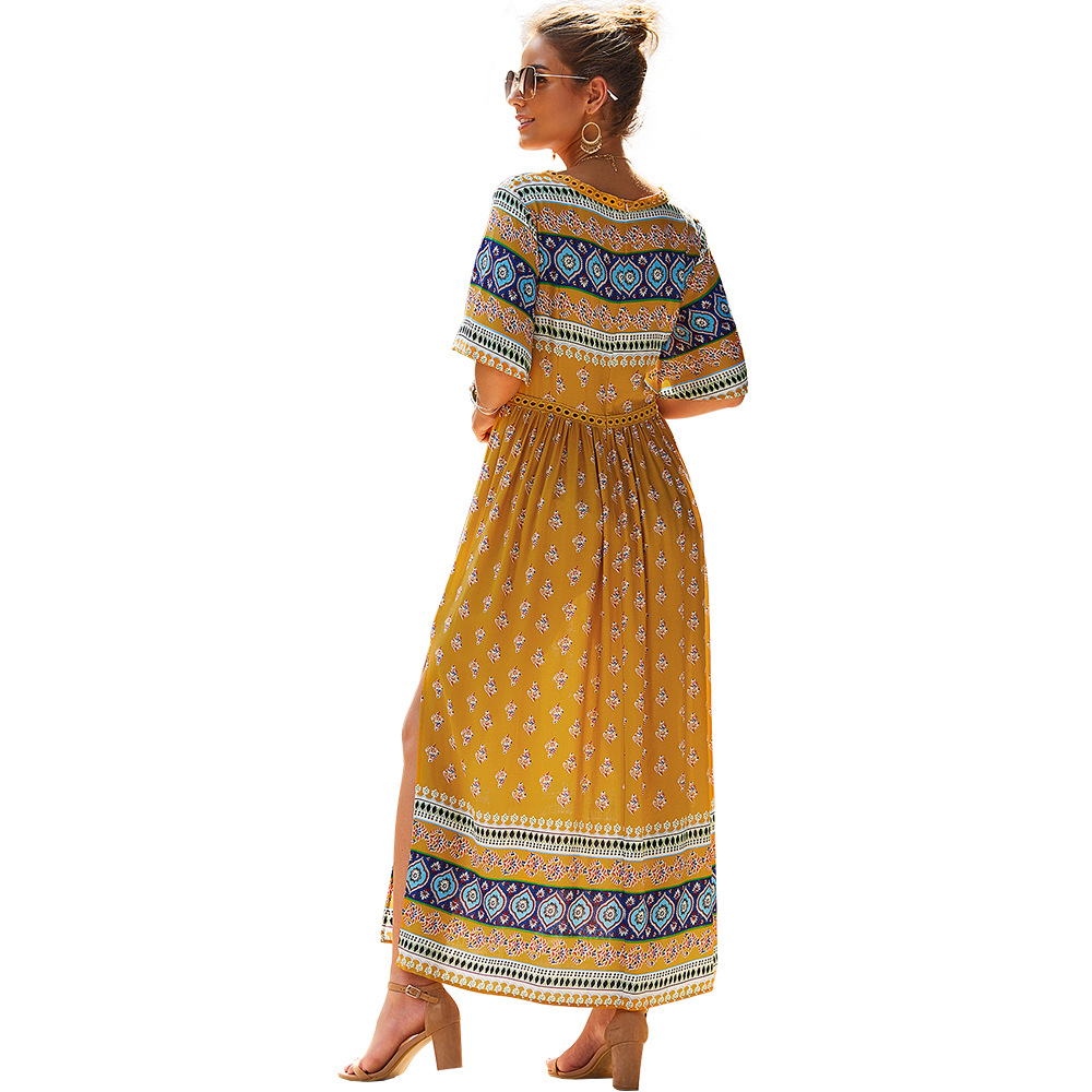 Bohemian Print Dress V Neck Short Sleeve Autumn Style Perfect for Casual Outings Wholesale Available