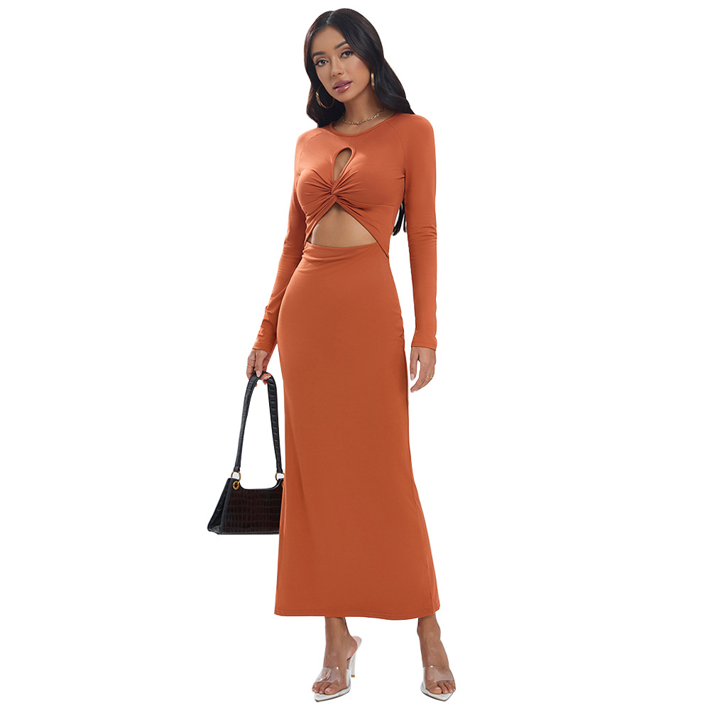 Elegant Round Neck Long Sleeve Dress Winter New Mid Waist Crop Solid Color A line Long Dress for Women