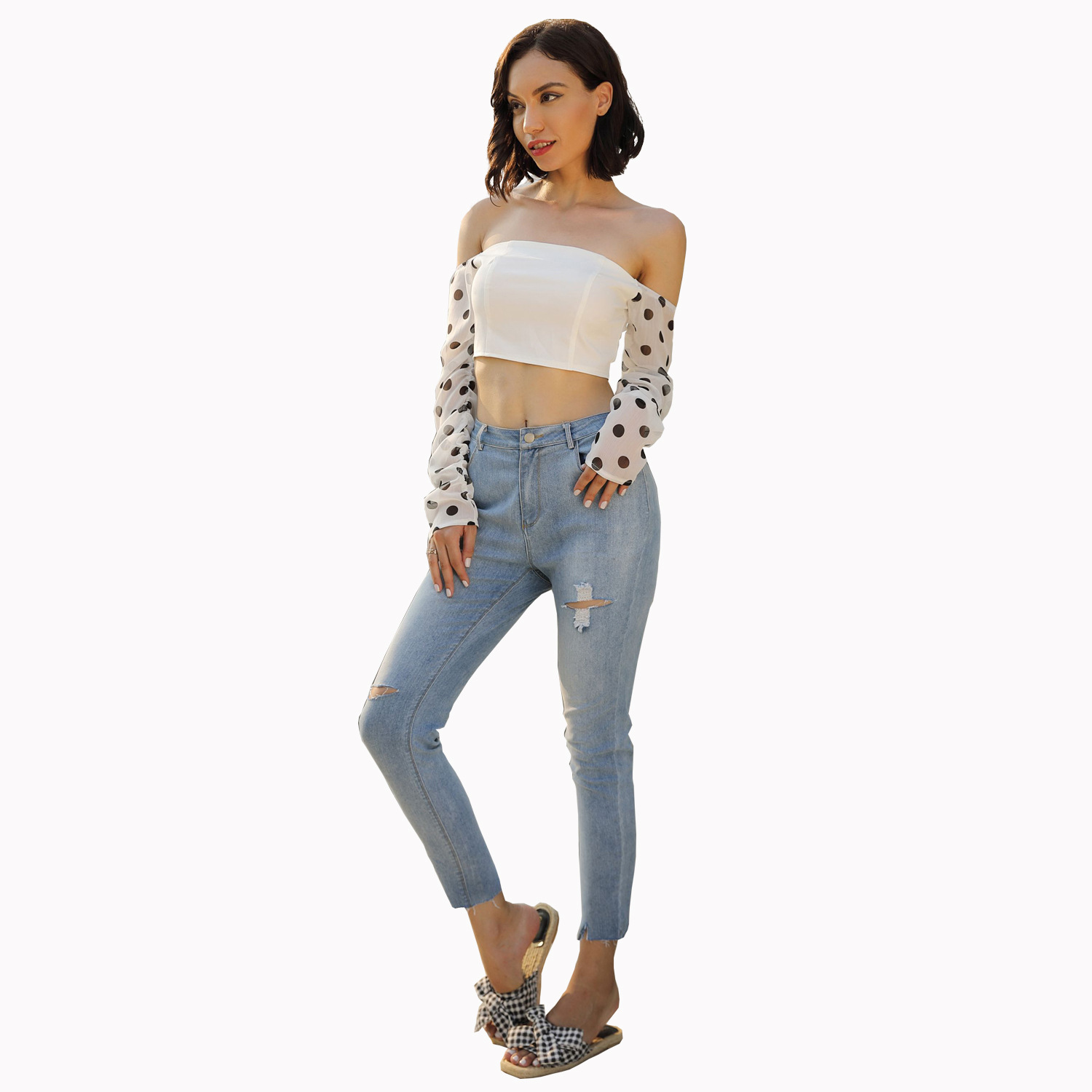 Womens Distressed Wash Jeans Ankle Split Slim Fit Casual Style Wholesale Supply for Retailers
