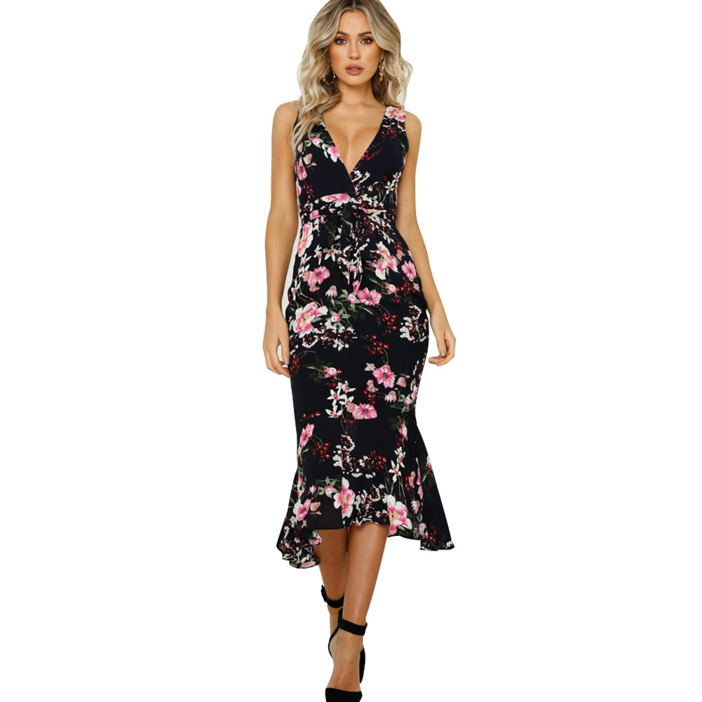 Summer Womens Dress V Neck Slim Fit Floral Print Ruffle Hem Casual or Party Wear Wholesale Available