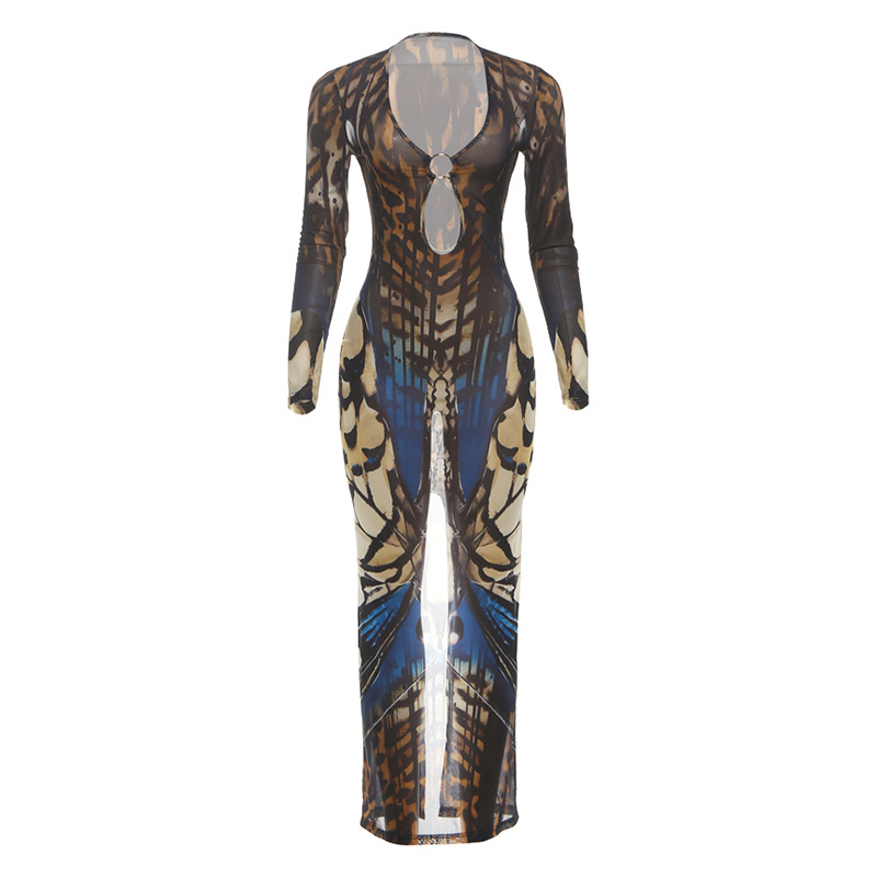 European and American Cross border Autumn New Women's Fashion Ring Buckle Splicing Long Sleeve Low Neck Bodycon Split Dress