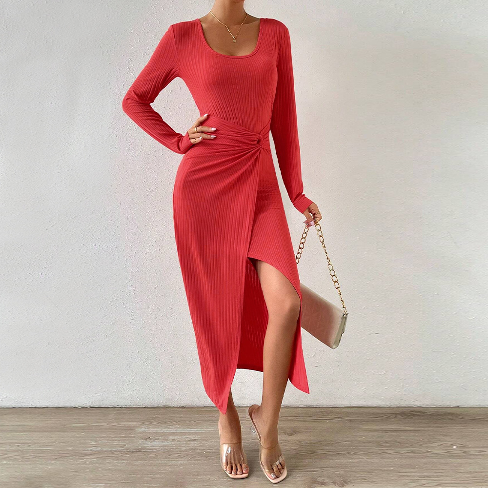 Autumn Winter New Elegant Commuter Sexy Slit Bodycon Solid Color Dress