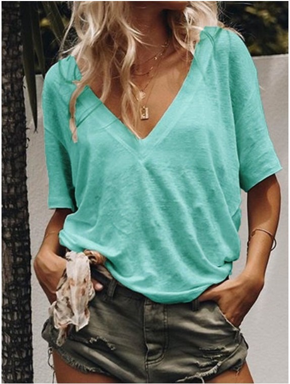 Womens Casual T Shirt V Neck Short Sleeve Solid Color Versatile Everyday Wear Wholesale Available