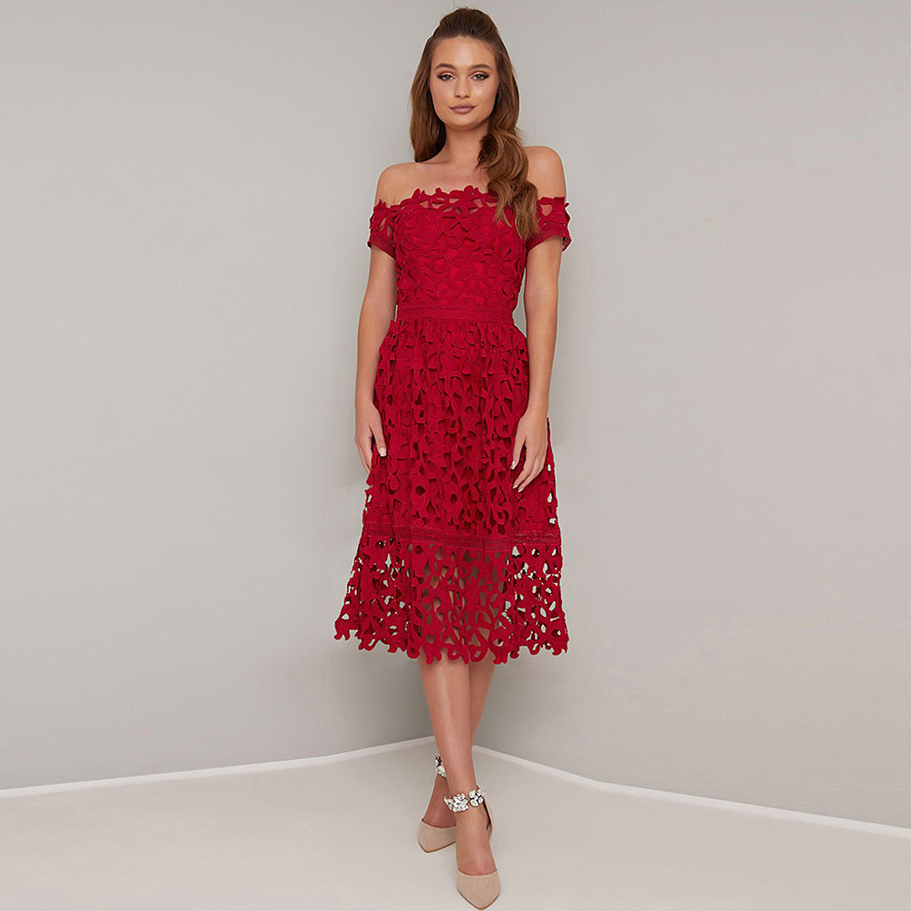 Summer Mini Dress Lace Off Shoulder Short Sleeve High Waist Mid Length Cocktail Party or Evening Wear Wholesale