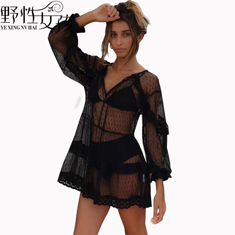 Lace Hollow Out Sun Protection Dress Long Sleeve Elegant Design Lightweight Fabric Perfect for Summer Events