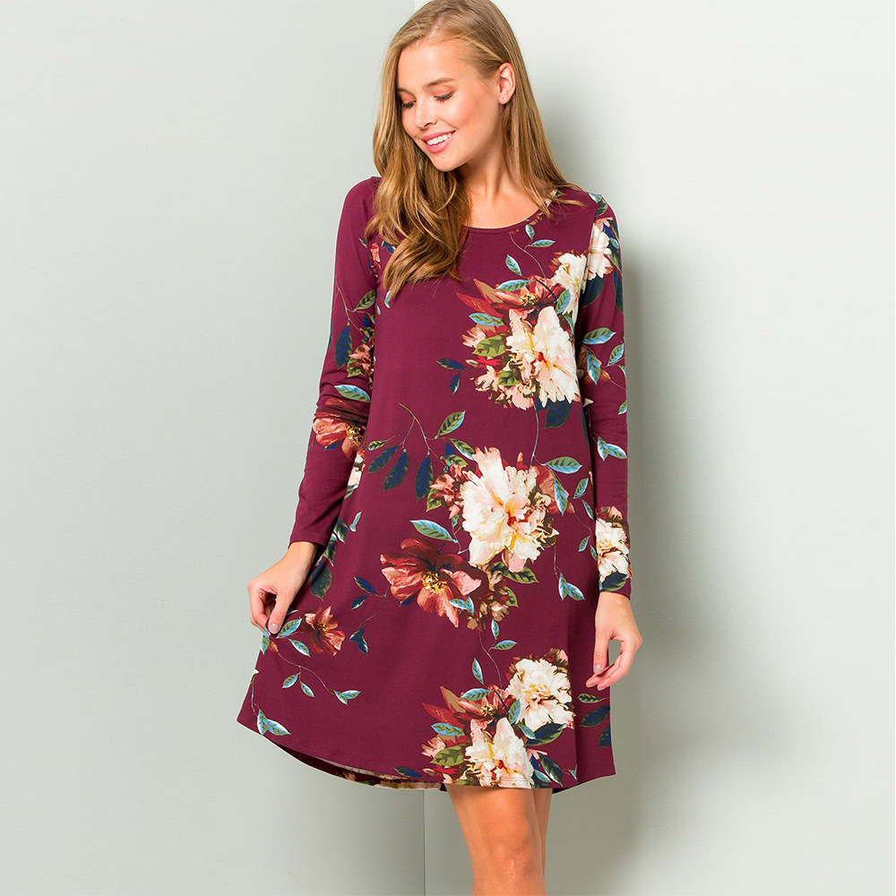 Womens Floral Print Long Sleeve Dress Round Neck Short Skirt Autumn Winter Fashion Wholesale Available