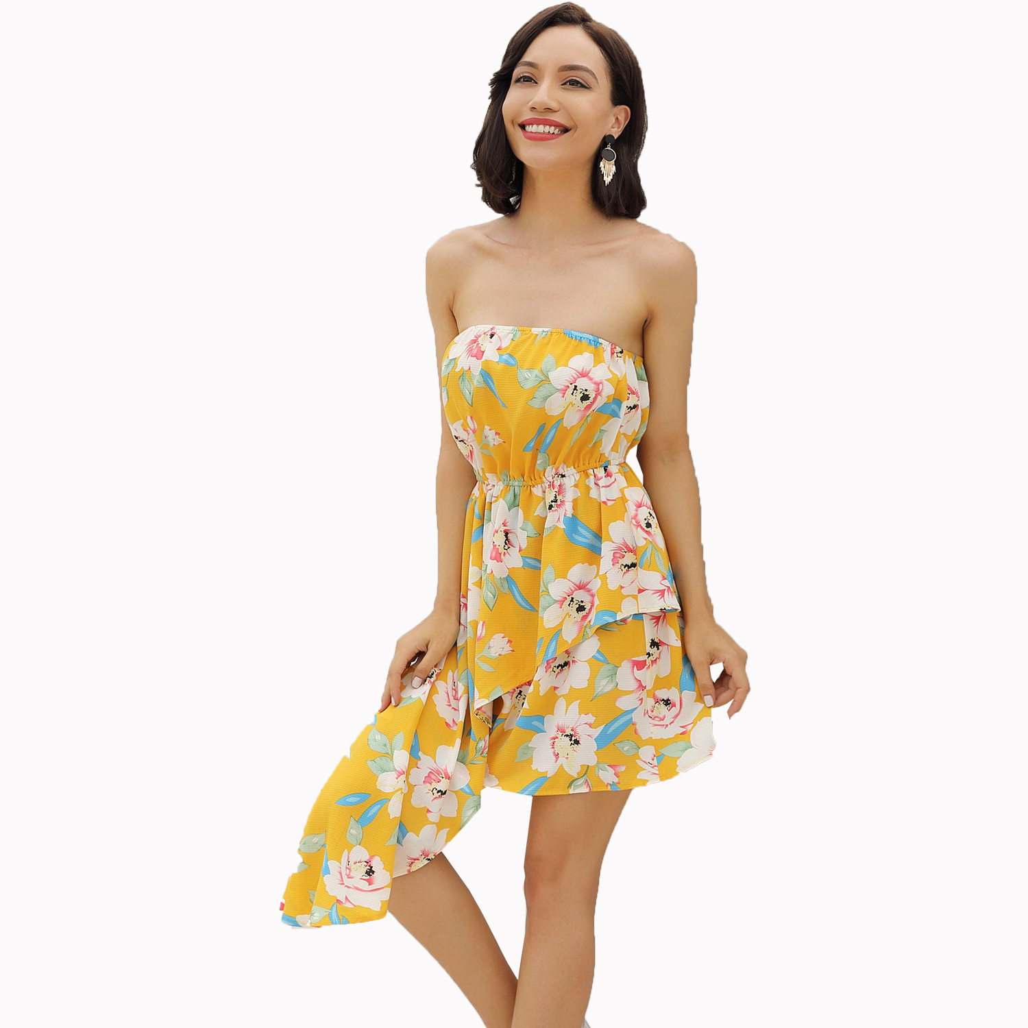 Irregular Floral Print Strapless Dress Womens Vacation Wear Elegant Evening Gown Wholesale Available