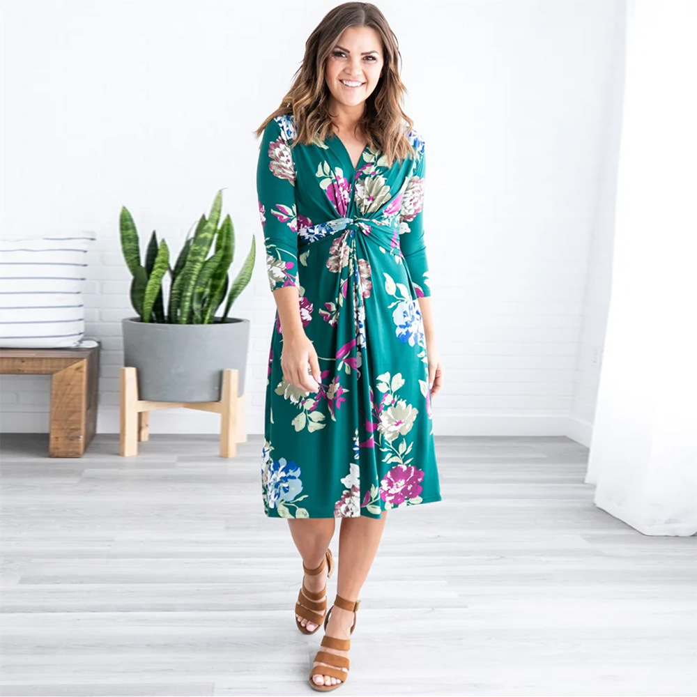V Neck Floral Dress Mid Length Three Quarter Sleeve Casual Style Perfect for Beach Wear Wholesale Available