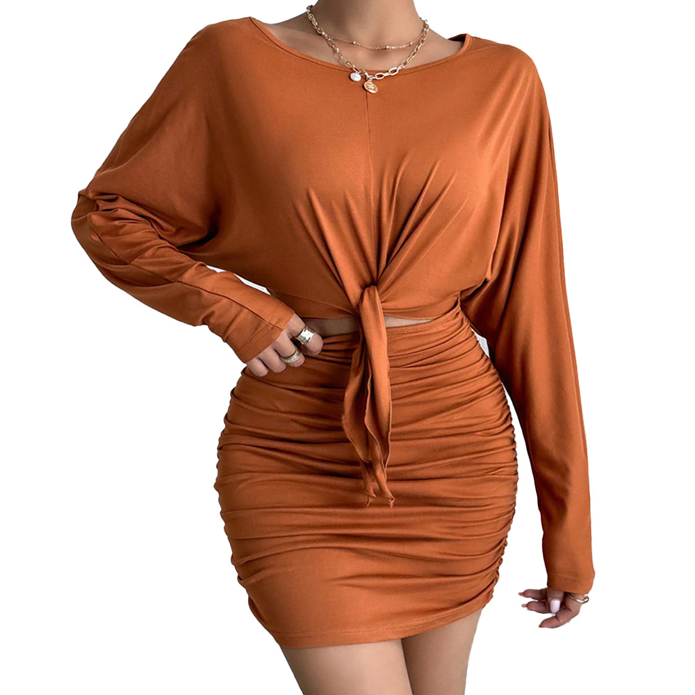 Winter New European and American Bat Sleeve Long Sleeve Trendy Round Neck Waist Tie Slim Fit Solid Color Short Skirt