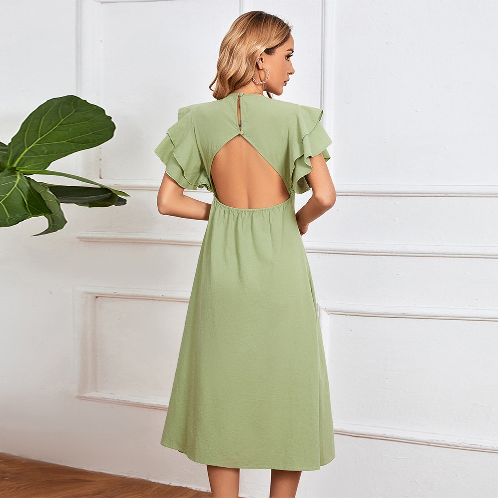 Spring Summer New V Neck Sexy Backless A Line Mid Length Dress for Women