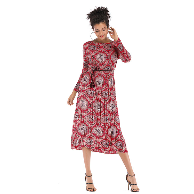 Geometric Print Chiffon Dress Long Sleeve Belted Pleated Design Perfect for Spring Summer Events Wholesale Available