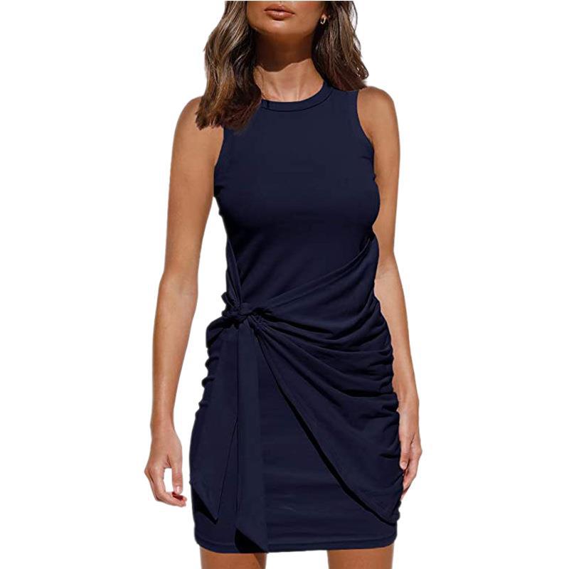 Summer Womens Dress Sleeveless Round Neck Ruched Asymmetrical Design Casual Wear Wholesale Available