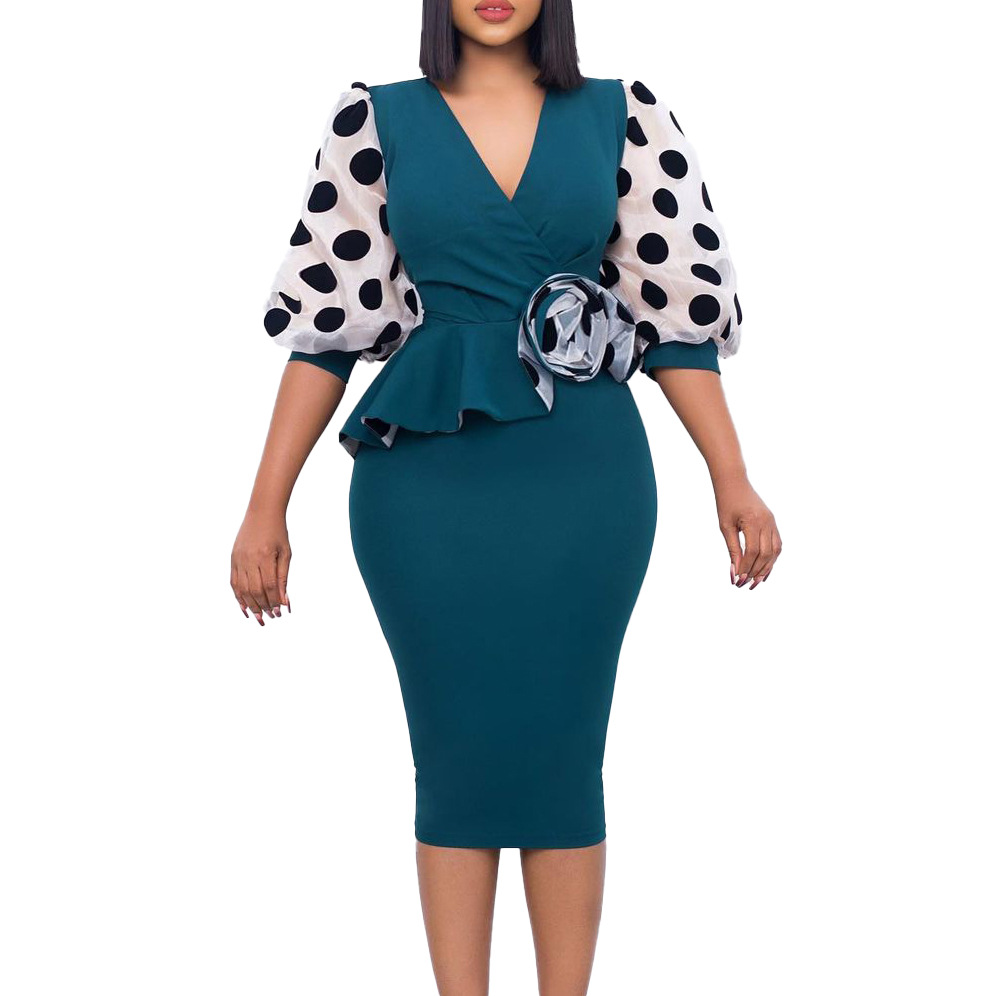 Plus Size Women's Dress — Fashionable Polka Dot, Mesh Splicing, V Neck Design — Casual or Party Wear — Wholesale Supply Availa