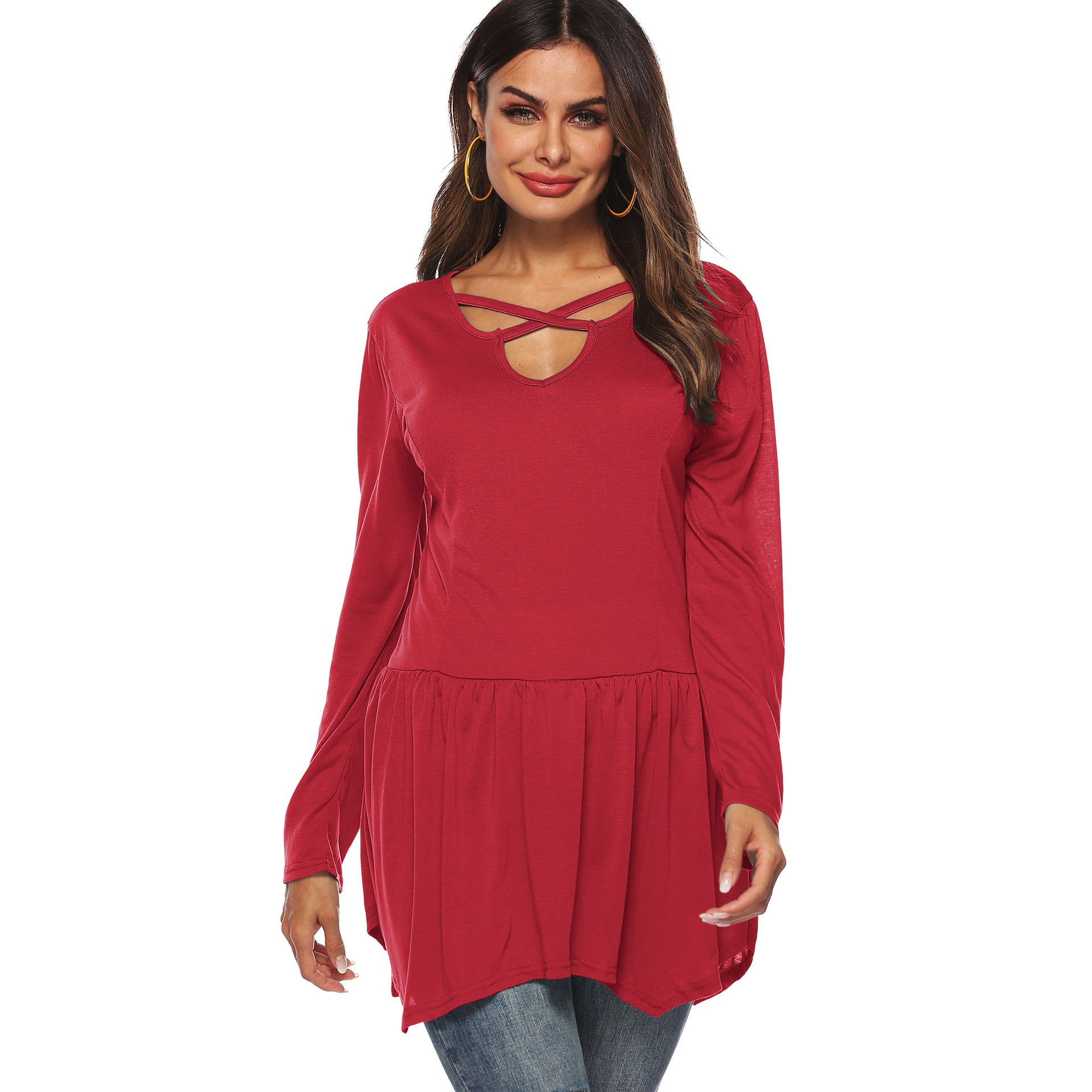 Womens Long Sleeve Cross Neck Solid Color Ruffle Hem T Shirt Casual Style Versatile Layering Wholesale Available
