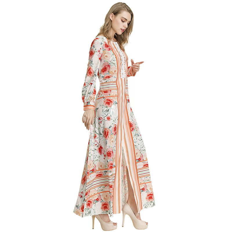 Womens Long Sleeve Printed Maxi Dress Elegant Floral Design Comfortable Fit Versatile for Casual or Formal Occasions