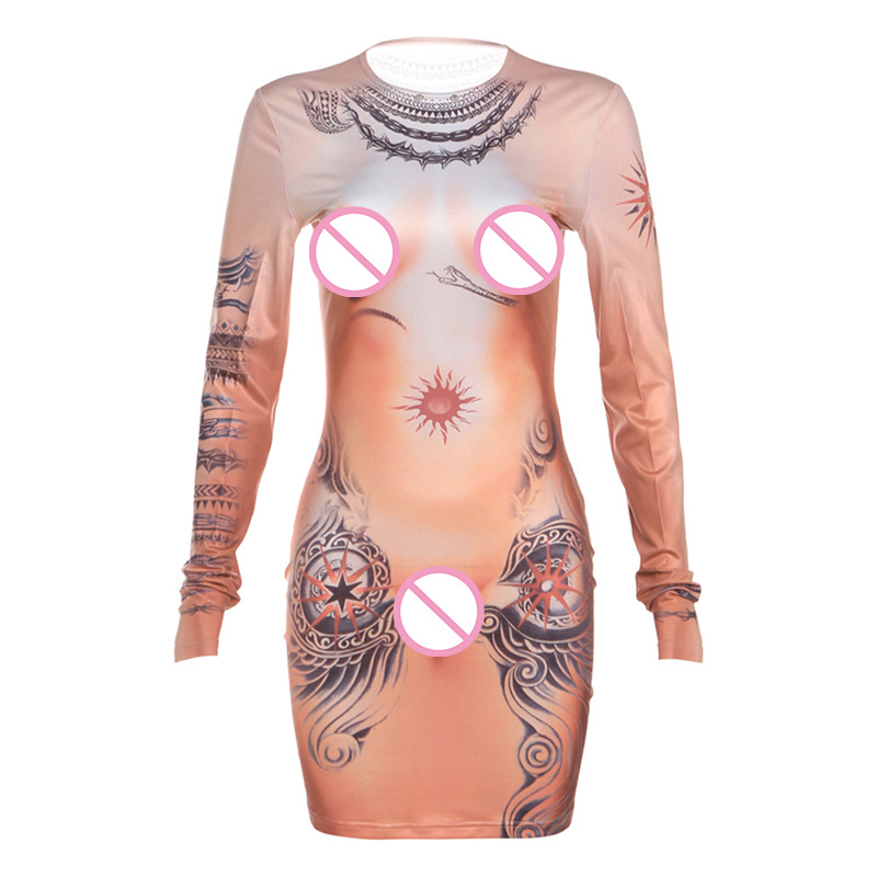 Fashionable and Personalized 3D Human Body Print Long Sleeve Slim Fit Bodycon Dress for Spring Summer