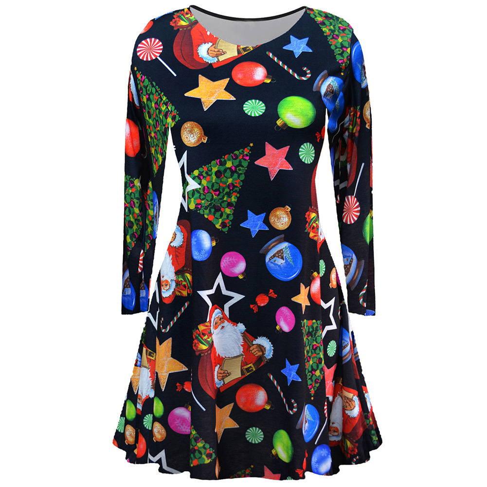 Printed Long Sleeve A Line Dress Mid Waist Family Matching Autumn Winter Style Perfect for Christmas Celebrations