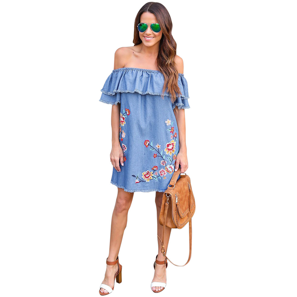 Off Shoulder Embroidered Denim Look Dress Ruffle Hem Summer Style Casual Wear Wholesale Available