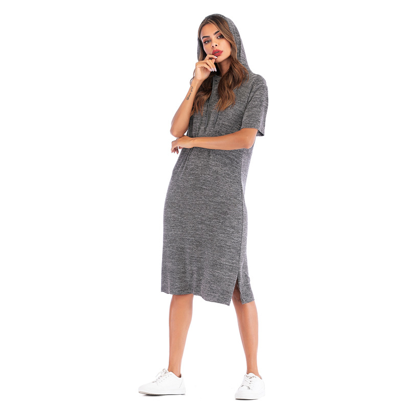 Womens Summer Dress Solid Color Short Sleeve Loose Fit Hooded Side Slit Casual Wear Wholesale Available