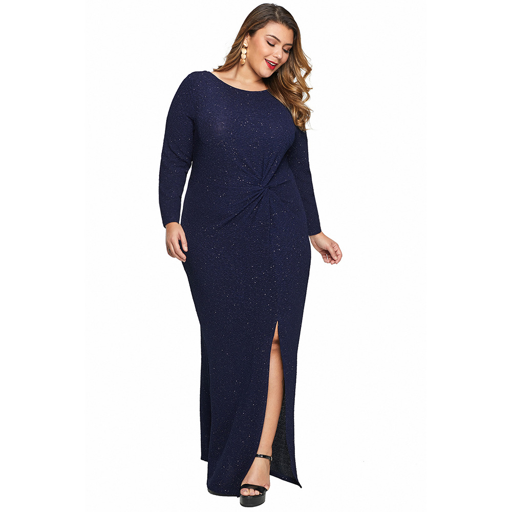 Plus Size Knotted Design Dress Elegant Split Hem Slim Fit Autumn Fashion Perfect for Parties and Special Occasions