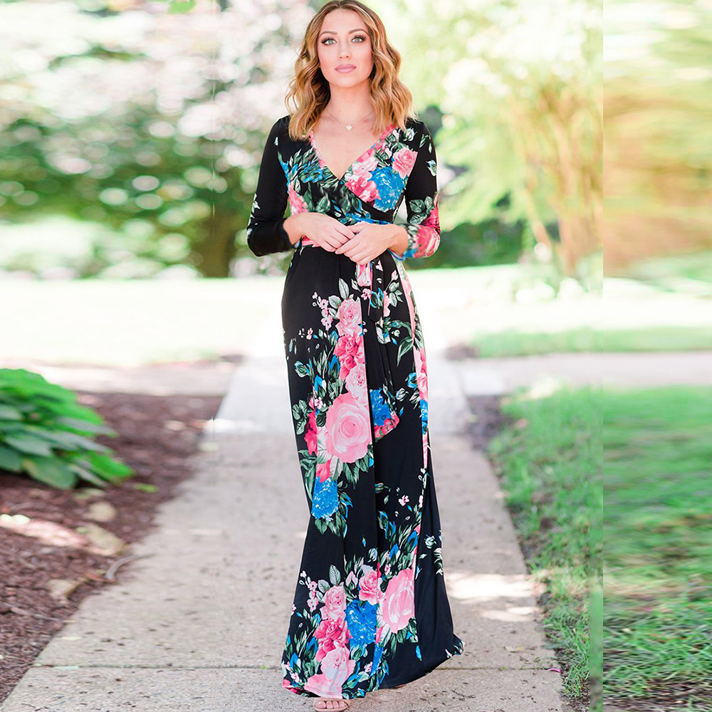 Spring Womens Long Dress V Neck Mid Waist Floral Print Long Sleeve Casual or Formal Wear Wholesale Available